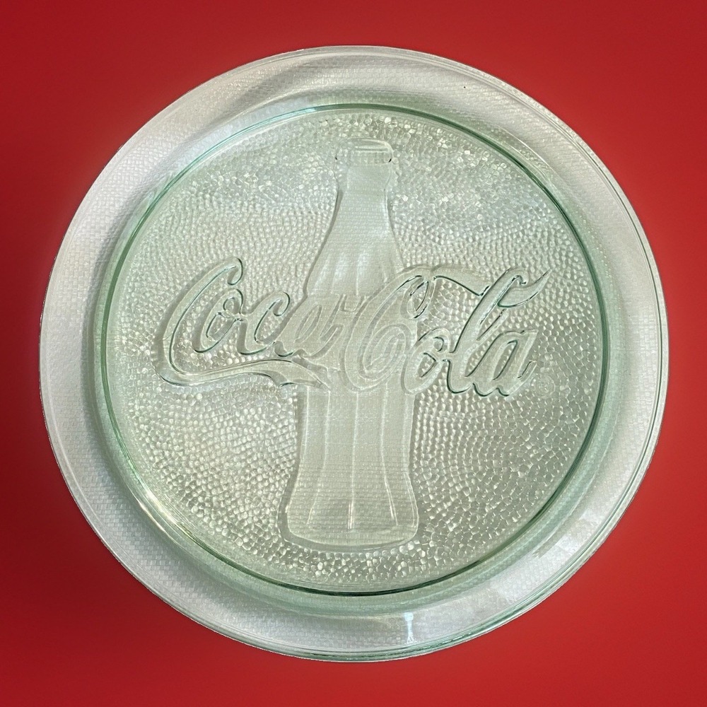 VINTAGE COCA COLA LOGO CLEAR GREEN 13" ROUND GLASS SERVING DISH PLATTER BAR TRAY